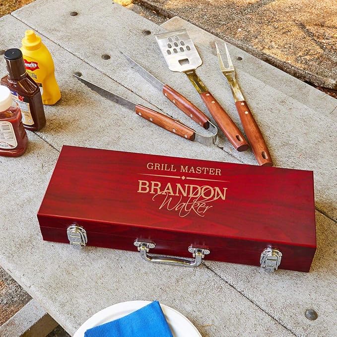 Personalized Outdoor Grill Accessories with Wood Box for Family Parties and Camping by HomeWetBar - Custom Barbecue Tools for Grilling