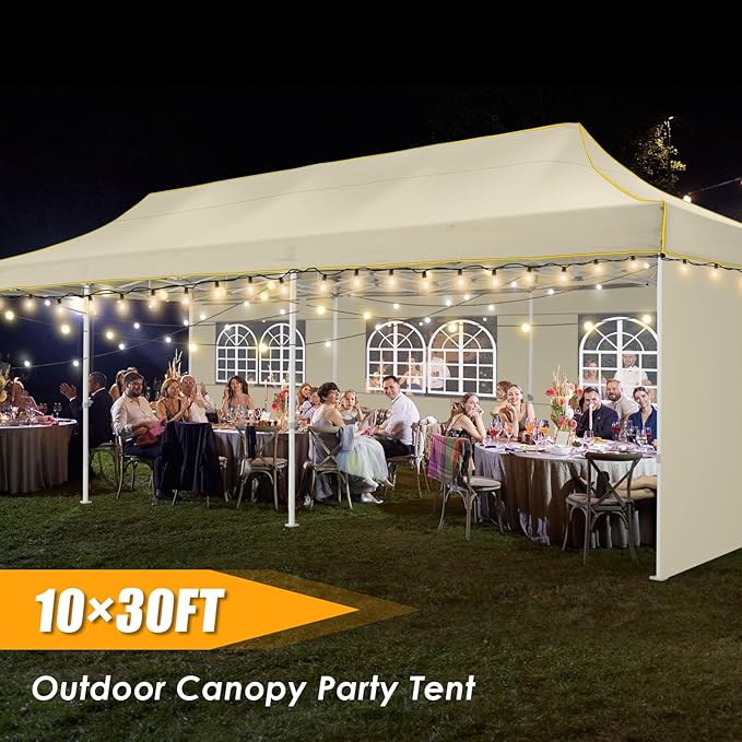 HOTEEL 10x30 Heavy Duty Pop Up Canopy Tent with 5 Sidewalls&Wheeled Bag, Commercial Event Party Tent Wedding Instant Canopy Waterproof, Upgraded Thicked Hexagonal Legs, UV 50+, Khaki