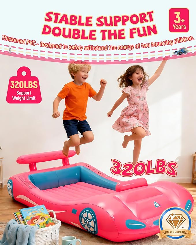 Vikua Inflatable Toddler Travel Bed with Safety Bumpers & Quick-Inflating Pump, Portable Blow Up Air Mattress for Kids with Carry Bag, for Home, Travel, Camping, Sleepovers, 330lbs Support (Pink)