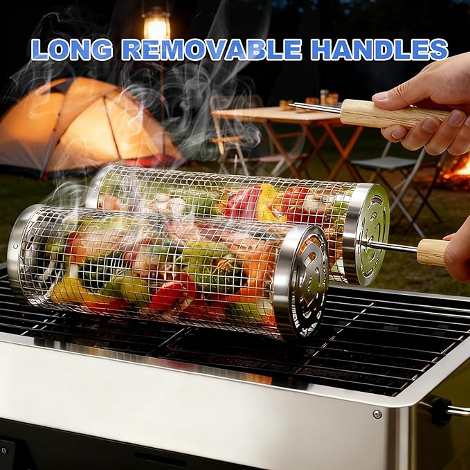 Rolling Grill Basket 2-Pack, Premium 304 Stainless Steel, Removable Wooden Handles, Upgrade Rolling Grill Baskets for Outdoor Grill, BBQ Grill Accessories for Camping/Backyard Cooking, Ideal Gift for Dad/Husband