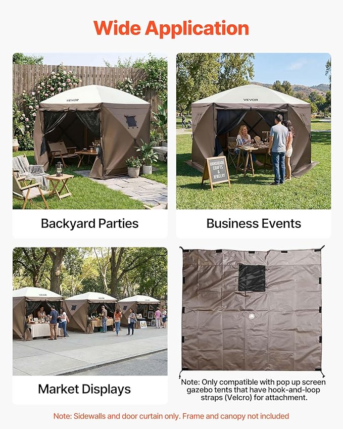 VEVOR 12x12ft Pop Up Gazebo Sidewalls with 2 Window, 3 Solid Waterproof Panels, UV Protection, Wind & Sun Privacy Walls with 1 Zippered Door for Outdoor Events, Compatible with COBIZI Screen Shelters