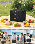 Rnivvi Lunch Box for Men, Double Decker Insulated Cooler Bag Lunch Bag Reusable Leakproof Tote Lunch Container with Strap for Work Family Picnic Hiking Camping, 18 Cans 12L, Large Adults, Black