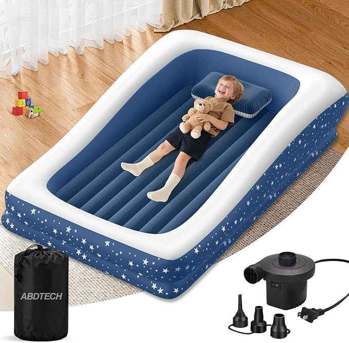 Inflatable Toddler Travel Bed: Portable & Safety - Blow Up Toddler Bed Travel with 4 Sides - Kids Air Mattress Ideal for Outdoor Camping - Easy to Inflate Deflate and Clean (67”, Blue)