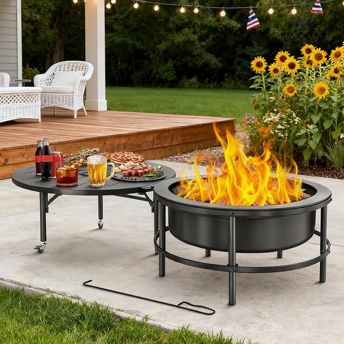 Fire Pits for Outside Wood Burning，3 in 1 Split Fire Pit with Rotating Table, Grill, Poker & Waterproof Cover, Portable Heavy Duty Steel Outdoor Firepit for Camping, Patio, Backyard