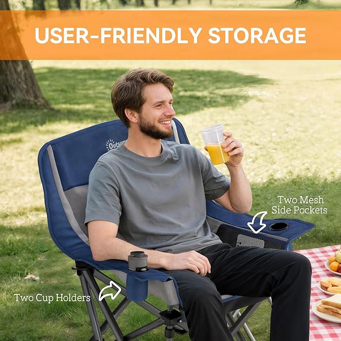 Outsunny Double Camping Chair for Adults, Padded Folding Camp Chair for 2 Person with Armrest, Wine Glass Holder, Cup Holder, Carry Bag for Outdoor Sports, Picnics, Supports up to 552 lbs.