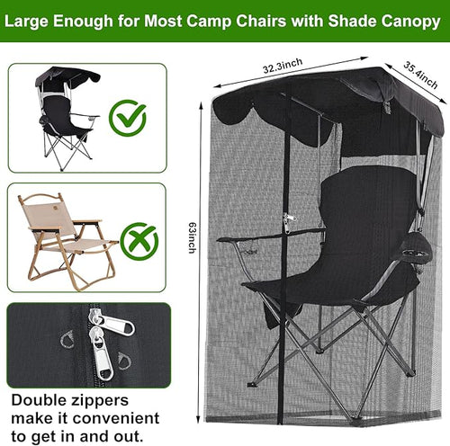 63" H Mosquito Net Cover for Canopy Chair, Bug Barrier Mosquitos Mesh Tent Black Chair Mosquito Netting with Zipper Opening 35"X32" Waterproof Roof for Fishing Camping Chairs Outdoors, Excluding Chair