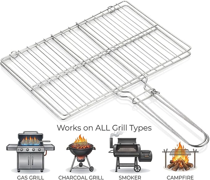 Stainless Steel Fish Grill Basket for Outdoor BBQ, Heavy Duty Lockable Grilling Rack for Fish Vegetables Steak Veggies Shrimp Meat, Portable Campfire Cooking Mesh Grate Tool, 12 x 8 Inch