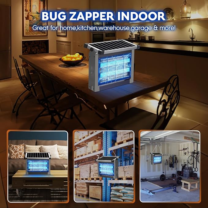 Solar Bug Zapper Outdoor, PhatroyYee Mosquito Zapper 4500V, Waterproof Portable Fly Zapper, Rechargeable Electric Mosquito Killer, Cordless Fly Insect Mosquitos Trap for Patio Yard Home Camping(Grey)