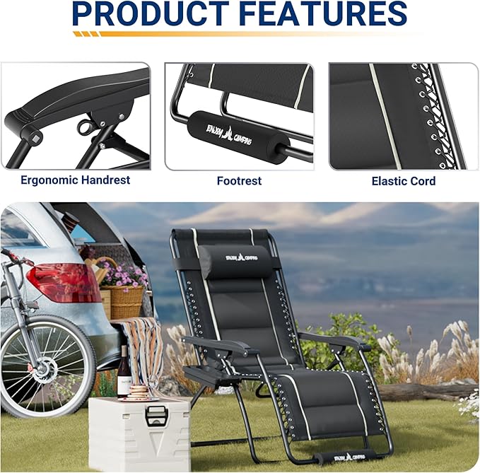 UDPATIO Zero Gravity Chair Oversized Outdoor Anti Gravity Chairs Patio Lounge Folding Adjustable Chair with Cup Holder, Foot Pad & Padded Headrest, Supports 500lbs (1, Grey, 33in)