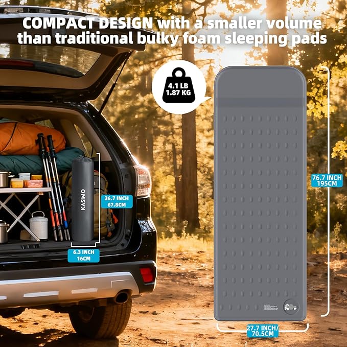 KASIMO Memory Sleeping Pad for Camping, 3" Compact Ultra-Thick Foam Sleeping Mats with Pillow, 9.5 R-Value Insulated Camping Mattress Pad or Car Travel Backpacking Tent,Home