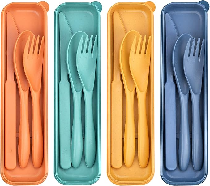 4 Sets Reusable Utensils Set with Case,Travel Utensils Cutlery Set Spoons and Forks Set, Reusable Plastic Utensils for Lunch Box Accessories for Adults, Portable Lunch Utensils Set for Daily