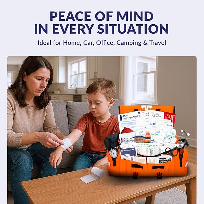MFASCO Complete Emergency Response First Aid Kit Trauma Bag - 415 Piece Fully Stocked Supplies for Disaster Preparedness | For Business, Schools, Organizations, Groups, Home Safety (Reflective Orange)