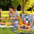 Picnic Basket for 2 with Blanket, Willow Picnic Basket Set with Shoulder Strap&Wine Pouch, Large Willow Hamper with Insulated Cooler for Outdoor, Camping, Beach, Couples, Wedding Gift