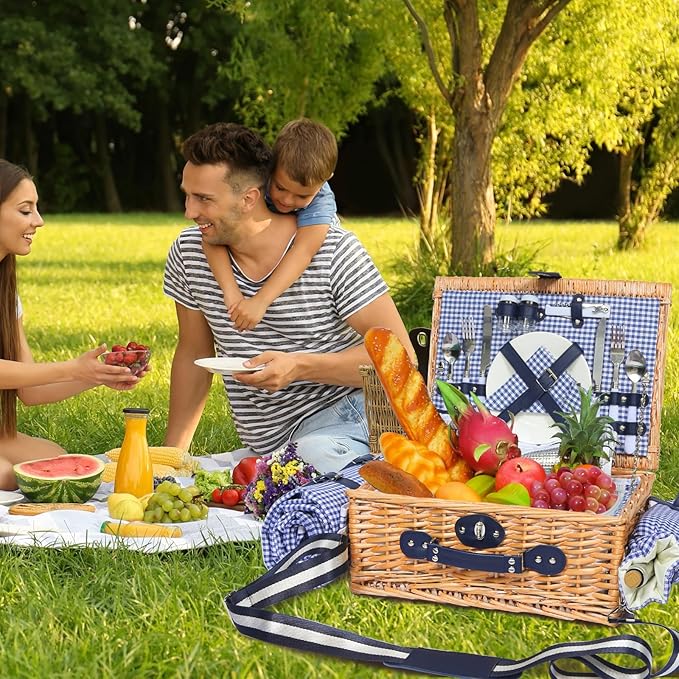 Picnic Basket for 2 with Blanket, Willow Picnic Basket Set with Shoulder Strap&Wine Pouch, Large Willow Hamper with Insulated Cooler for Outdoor, Camping, Beach, Couples, Wedding Gift