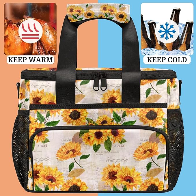 Soft Cooler Bag Vintage Sunflower Flower Insulated Lunch Box for Men & Women, Large Leakproof Lunch Bag Portable Beach Cooler for Work, Picnic, Road Trips,Fishing, Travel, Camping