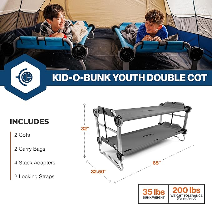 Disc-O-Bed Youth Double Cot Kid-O-Bunk, Modular for Bunk Beds, Dual Cots, or Bench with 2 Carry Bags for Portable Transport