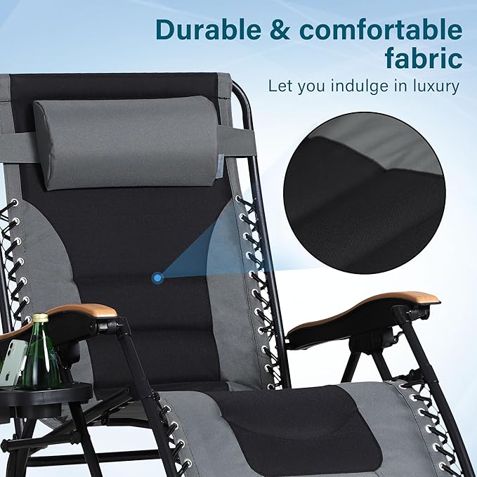 MFSTUDIO Zero Gravity Chairs Set of 2, XL Oversized Outdoor Anti Gravity Chair, Patio Lounge Folding Adjustable Chair with Cup Holder & Padded Headrest, Support 400lbs,Grey