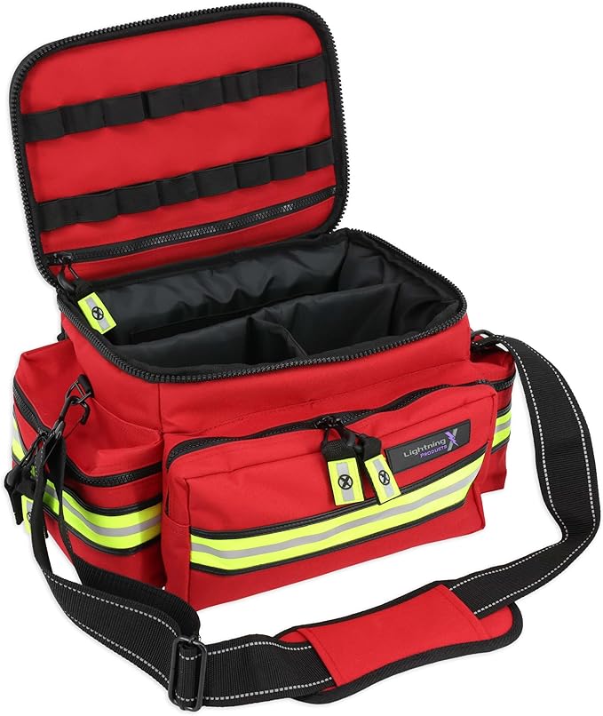 Lightning X Mid-Sized First Responder EMT Bag | LXMB25 | Fully Stocked w/ 240+ First Aid, EMS & Trauma Supplies - RED