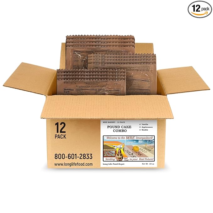 MRE Pound Cake Variety Pack (12-Pack) - Vanilla, Applesauce, Marble (2.5oz ea)– Long Shelf Life – 2024+ Production Dates by Long Life Food Depot – Meals Ready to Eat