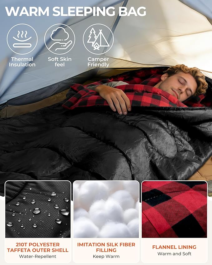 Sportneer Sleeping Bags for Adults, 0 Degree Sleeping Bag XL Flannel Winter Cold Weather Sleeping Bag with Detachable Hood Compression Sack for Camping, Backpacking, Hiking