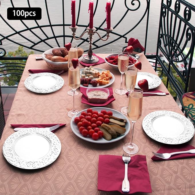 CNCEST 100 PCS Antique Charger Plates Bulk 13'' Plastic Embossed Dinner Plate Chargers Round Floral Plates for Wedding Decorative Chargers for Table Dinner Kitchen Party Decoration (Silver)