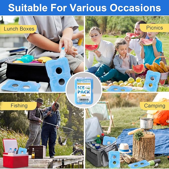 TOPOKO Ice Packs for Lunch Bags, Cooler, Freezer Packs for Lunch Box, Cooler Bag, Slim Reusable & Long-Lasting, BPA-Free, Quick Freeze, Perfect for Picnic, Camping, Beach, Outdoor Sports