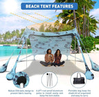 Beach Tent Sun Shelter 10x10ft Beach Canopy Easy Pop Up Sun Shade Portable UPF50+ with 8 Sandbags-2 Sand Shovel-4 Aluminum Poles-Ground Pegs for Outdoor Family Camping Fishing Backyard Picnic