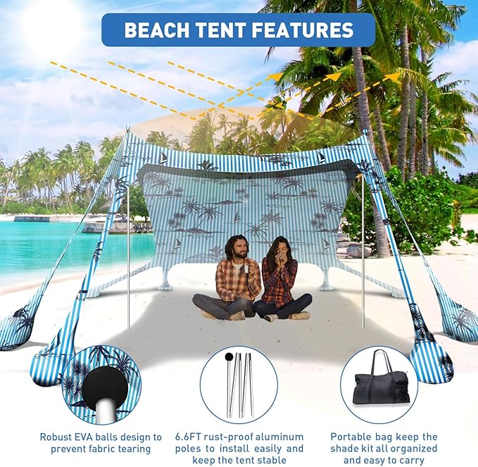 Beach Tent Sun Shelter 10x10ft Beach Canopy Easy Pop Up Sun Shade Portable UPF50+ with 8 Sandbags-2 Sand Shovel-4 Aluminum Poles-Ground Pegs for Outdoor Family Camping Fishing Backyard Picnic