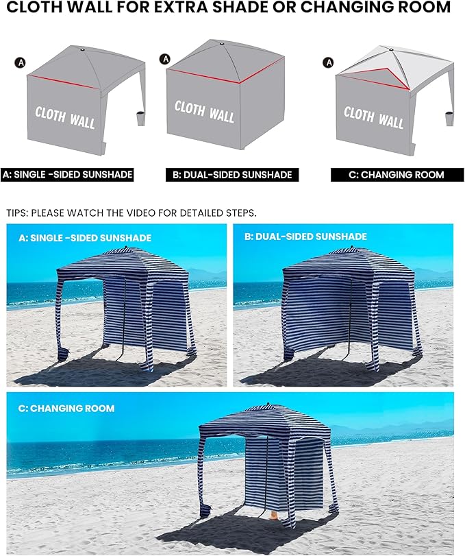 Qipi Beach Cabana - Easy to Set Up Canopy, Waterproof, Portable 6' x 6' Beach Shelter, Included Side Wall, Shade with UPF 50+ UV Protection for Kids, Family & Friends
