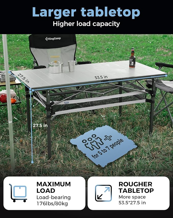 KingCamp Folding Camping Table, Aluminum Roll-Up Camp Table, Large Foldable Table for 4-6 Person, Outdoor Portable Tables with Carry Bag, 180 LBS Heavy Duty Load (Silver+Mesh：53.5" × 27.5")