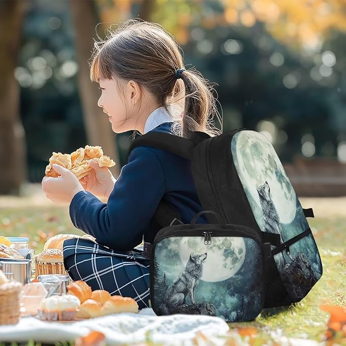Wolf Backpack with Lunch Box for Men Large Capacity Bookbag for Teen Boys 17 Inches Polyester Book Bag with Adjustable Shoulder Strap for Outdoor