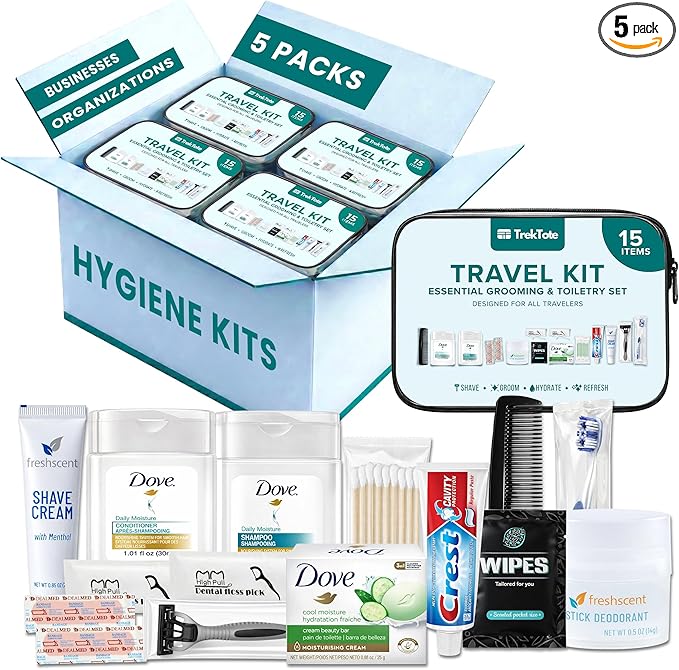 TrekTote Complete 15 Piece Unisex Travel Hygiene Kit with Toiletries & Personal Care Essentials, TSA-Compliant, Individually Packaged in Clear Bag, Single or Bulk Packs