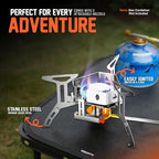 3500W Camping Stove, Backpacking Windproof Camp Stove with Piezo Ignition Carrying Case and 2 Additional Adapters, Compatable with Isobutane, Propane, Butane Tanks, Portable and Collapsible