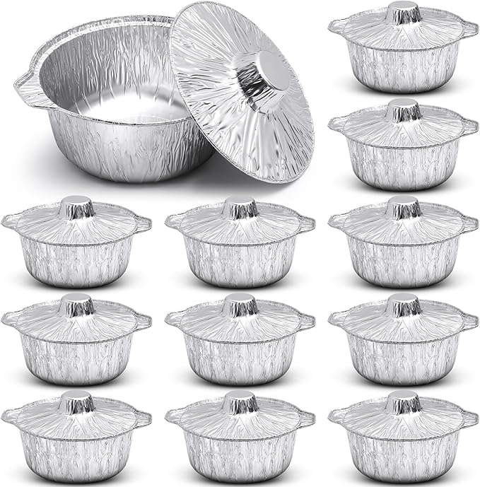 Disposable Aluminum Pot with Lid Round Foil Pans Disposable Cookware Food Container for Vacation Trips Camping Baking Heating Cooking(12 Pcs,74.4 oz)