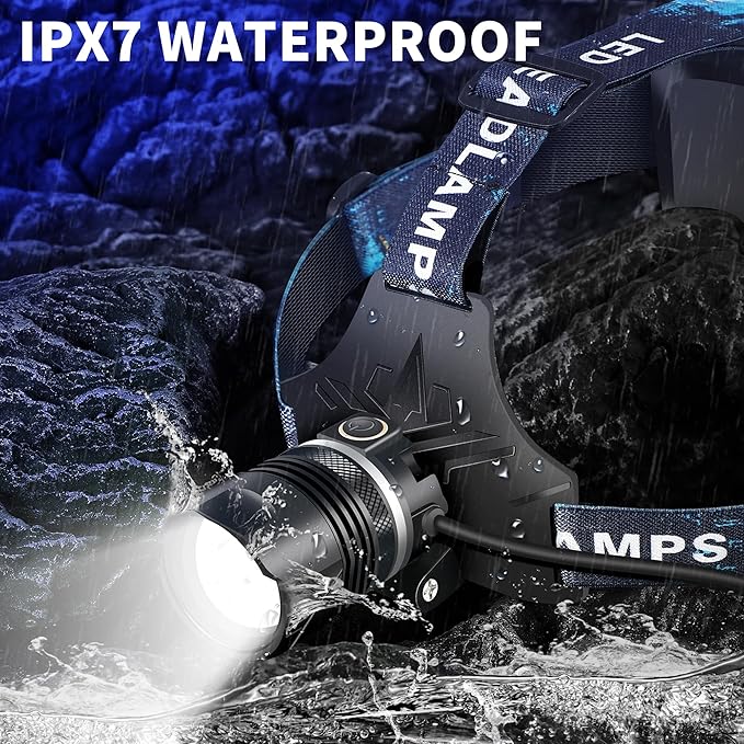 Rechargeable LED Headlamp, Super Bright High Lumens Head Lamp, 90 Hour Standby Head Light with 9 Modes, IPX7 Waterproof Zoom Headlamps, 125° Adjustable Headlight for Camping, Adults