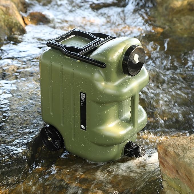 REDCAMP 7.4 Gal Water Container with Wheels & Spigot | Portable Rolling Emergency Camping Water Jug with Folding Handle | BPA Free Food Grade Water Storage Tank for Camping, Hiking(28L, Green)