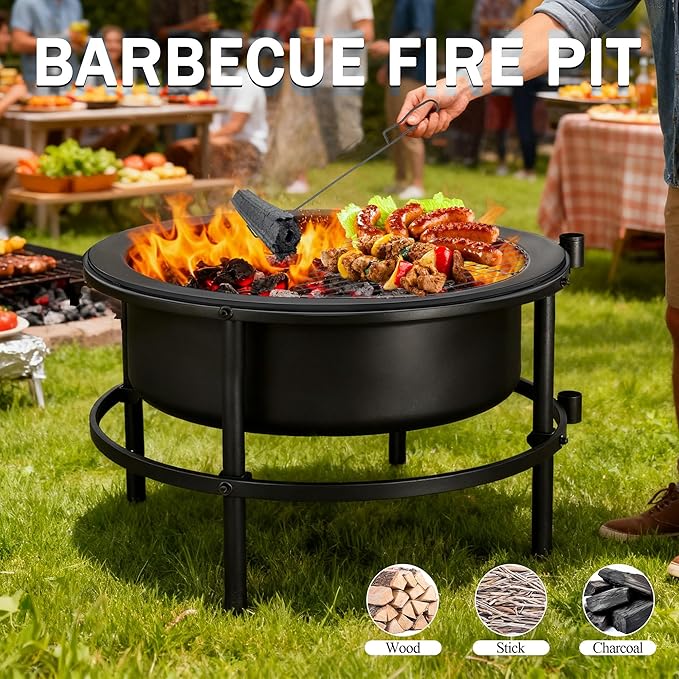 Fire Pits for Outside Wood Burning, Large Outdoor Fire Pit Stove with Roating Table and BBQ Grill, Cold Finished Steel Round Firepit Bowl with Poker, Waterproof Cover, Grill Brush