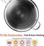 WANGYUANJI Stainless Steel Wok Pan with Lid, 12.6 Inch Honeycomb Hybrid Nonstick Stir Fry Pan, Tri-Ply Clad Skillet for Induction Electric Gas Stove, Dishwasher Safe, No Seasoning Needed (Serves 3-4)