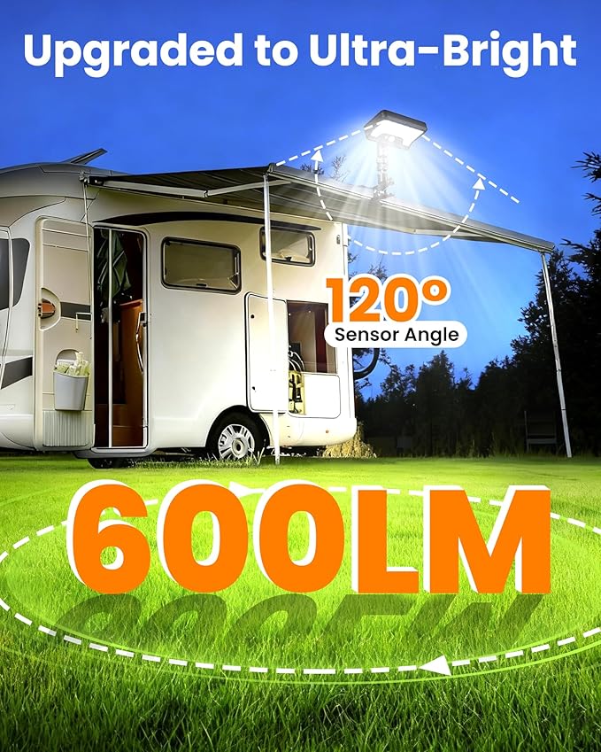 Clip on Solar RV Lights Exterior, 600LM RV Outdoor Lights with Motion Sensor, USB & Solar Dual Charging, 3000/5000/6000K Remote Control RV Porch Light for Camper, Motorhome, Trailer, Camping (1 Pack)