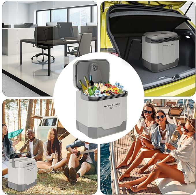 35 QT (33 L) Electric Cooler & Warmer, Portable Car Refrigerator With Automatic Locking Handle, 12V Car Cooler for Vehicle & Trucks, 110V AC Home Power Cord, Plug In Coolers, Grey