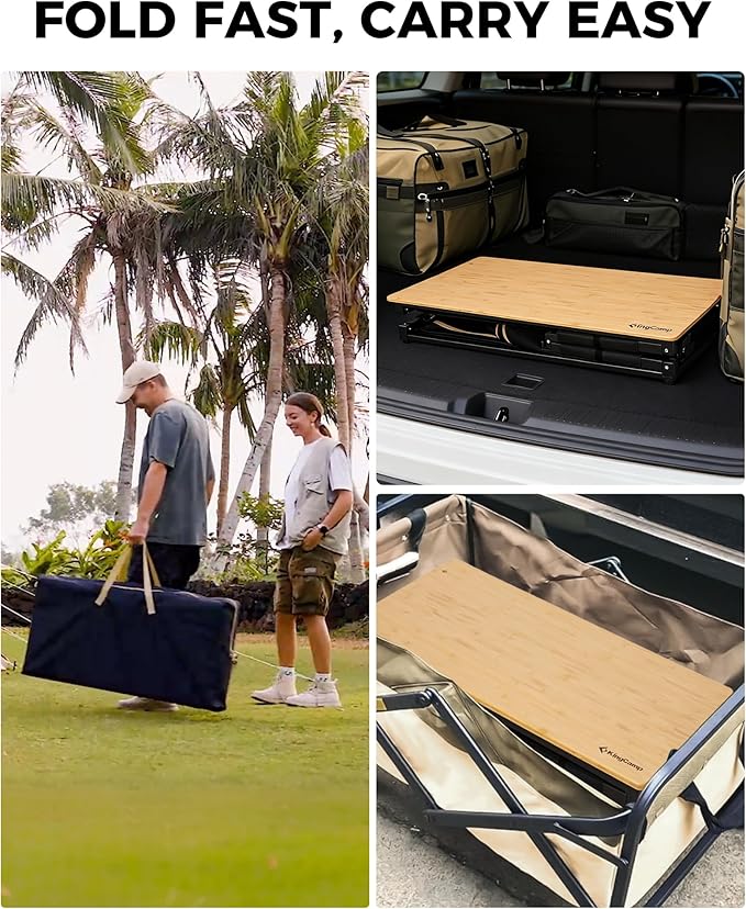 KingCamp Bamboo Camp Kitchen Station, Folding Overland Camping Kitchen Table Hooks Portable Outdoor Cooking with Adjustable Lantern Pole & Windshield Storage Organizer for Tailgating BBQ Picnic RV
