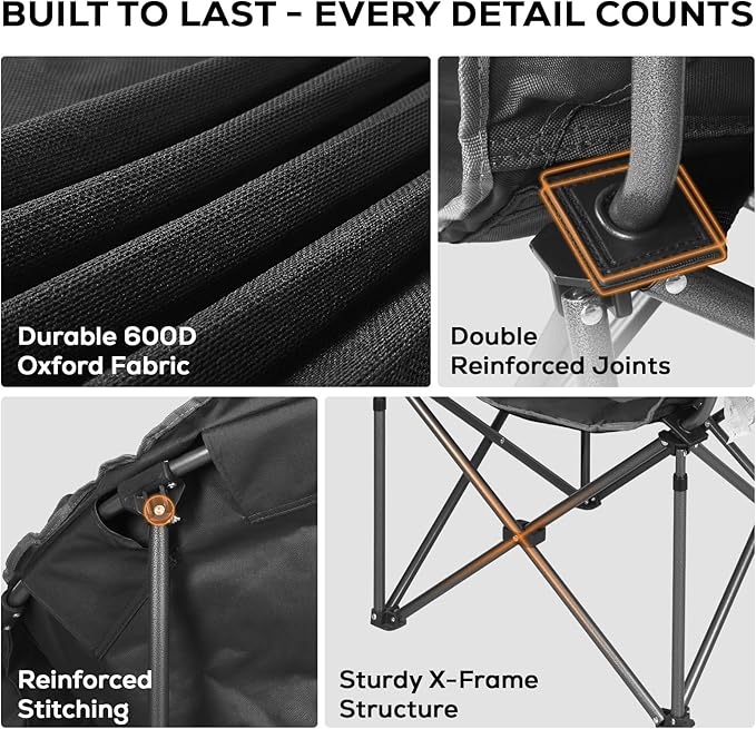 Romswi Oversized XL Padded Camping Chair for Adults, 500lbs Support Heavy-Duty Padded Folding Chair with Side Pocket Cup Holder, Wide&Thick, for Outdoor,Black