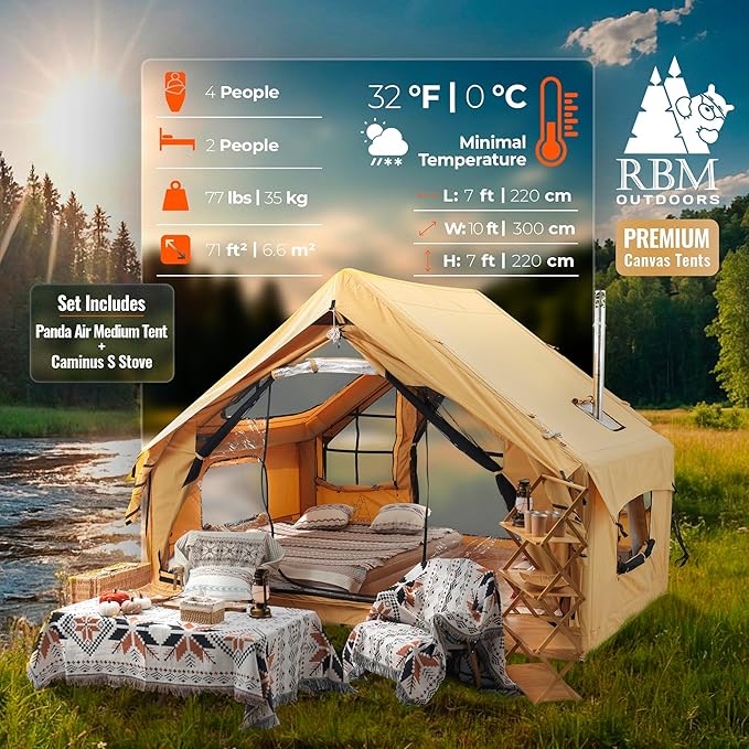 Inflatable Canvas Camping Tents with Stove Jack – Air Beam Blow Up Family Camping Tent for 2–6 People, Fast Setup Shelter with Hand Pump