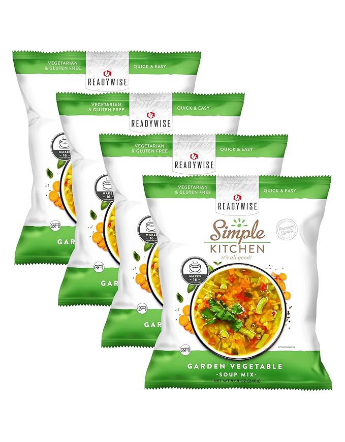 Simple Kitchen Garden Vegetable Soup Mix - 17 Servings for Meal Prep, Gluten Free, Vegetarian, Dehydrated & Freeze Dried Survival Food for Camping Meals, Backpacking & Hiking, Survival Kit, Pack of 4