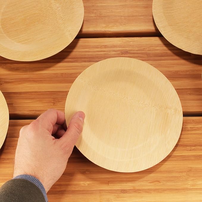 BambooMN Brand - 7" (18cm) Round Disposable Bamboo Veneer Plates, 96pcs