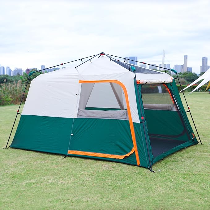 KTT Extra Large Tent 10-12-14 Person(A),Family Cabin Tents,2 Rooms,3 Doors and 3 Windows with Mesh,Straight Wall,Waterproof,Double Layer,Big Tent for Outdoor,Picnic,Camping,Family Gathering
