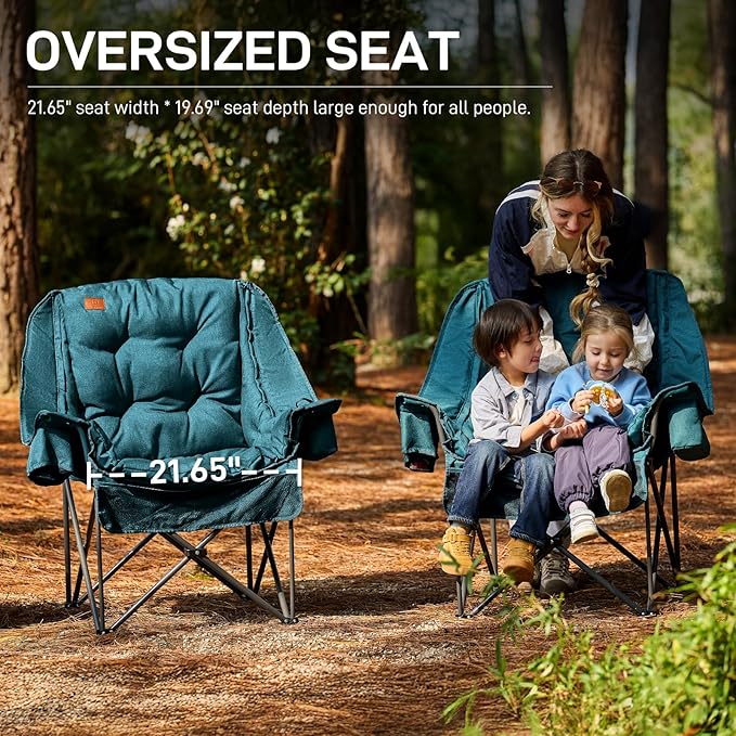 EVER ADVANCED XL Camping Chair with Detachable Cushion, Mesh Chair for Adults Foldable, Oversized Heavy Duty Folding Chair with Cooler Mesh Pocket Cupholder Outdoor Fishing, Supports 400LBS Green