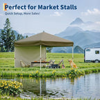 10x10 Pop Up Canopy with 3 Sidewalls - Easy Up Camping Tent with One Button Push Setup - 1 Roller Bag, 3 Adjustable Height, 4 Weight Bags for Deck, Garden, Sports, Beach, Party - Khaki