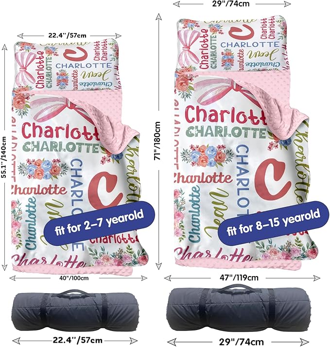 Personalized Toddler Nap Mat for Preschool, Custom Name Kids Sleeping Bag for Daycare, Kindergarten Roll Up Sleeping Mat with Removable Pillow and Soft Blanket, Fun Themes for Boys & Girls