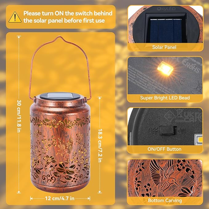 Solar Lanterns Outdoor Waterproof Solar Garden Lights Hummingbird Gifts for Women Mom Grandma 50LM LED Metal Hanging Lanterns with Handle Garden Decor Light for Table Pathway Walkway, 2 Pack